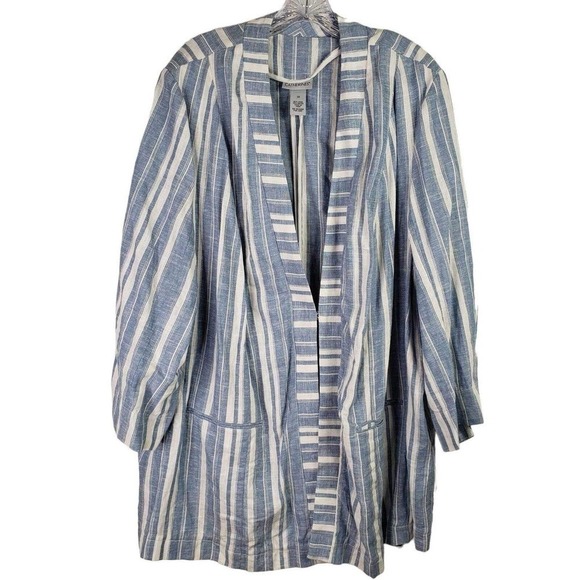 Catherines Womens Blazer Open Front Jacket Size 2X Linen Blend Blue White New - Picture 2 of 10